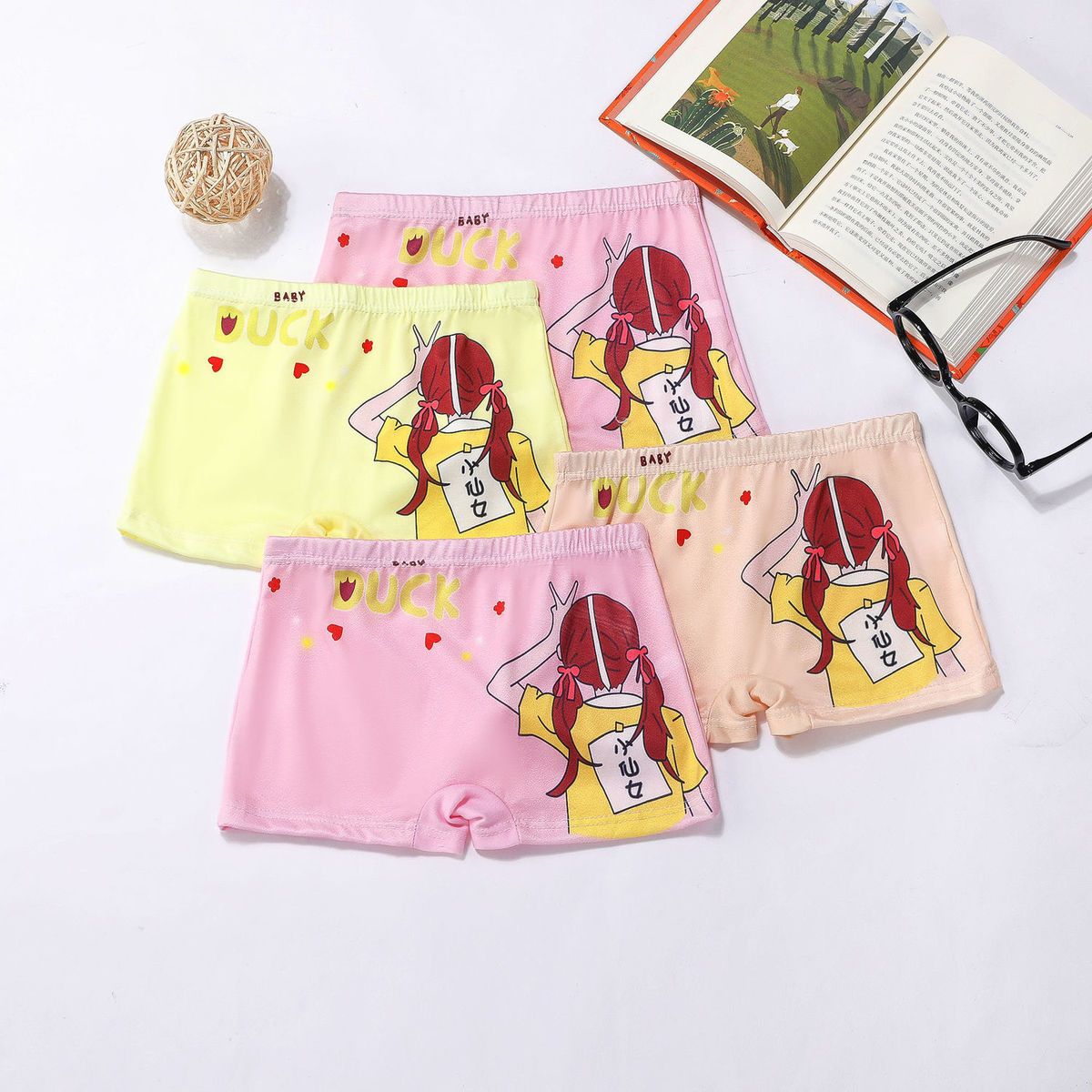 4 packs of girls' shorts cartoon boxer safety pants baby children's small, medium and big boys and girls pink boxer underwear