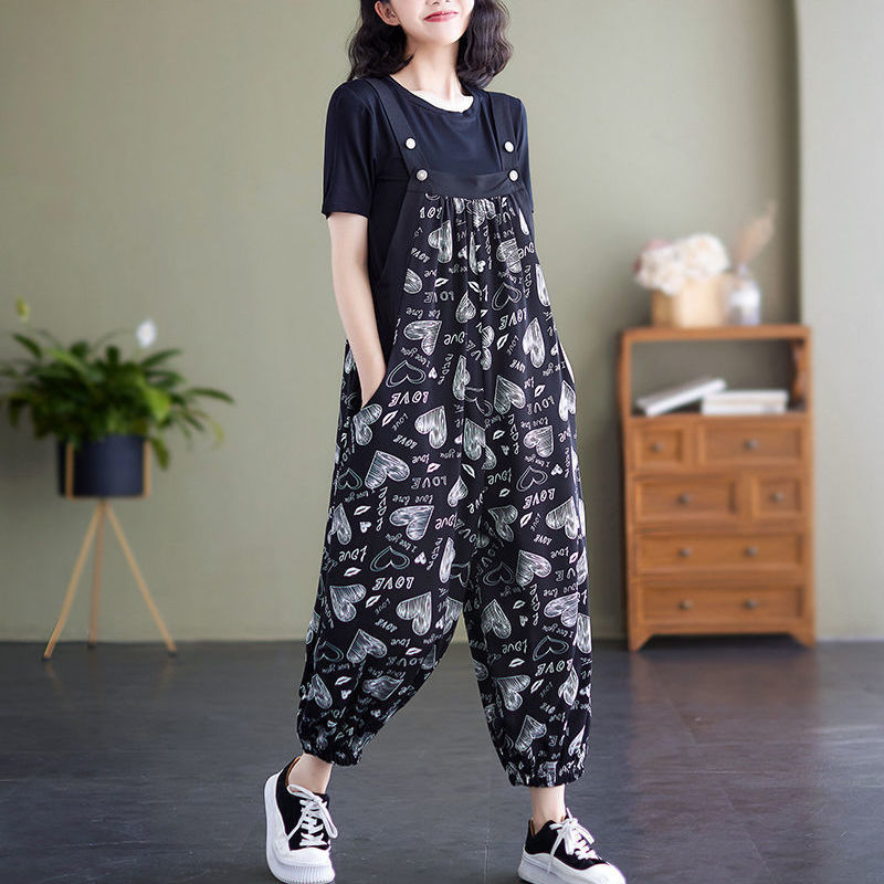 Single/Two Piece Summer New Fashion Casual Stitching Bib Pants Fat mm Large Size Women's Nine-point Pants Jumpsuit Covering Down