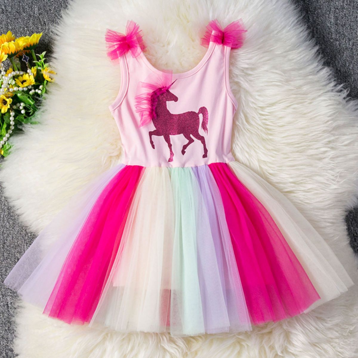 2022 Summer Girls Cotton Lace Princess Dress Kids Korean Style Unicorn Cherry Dress Colorful Skirt