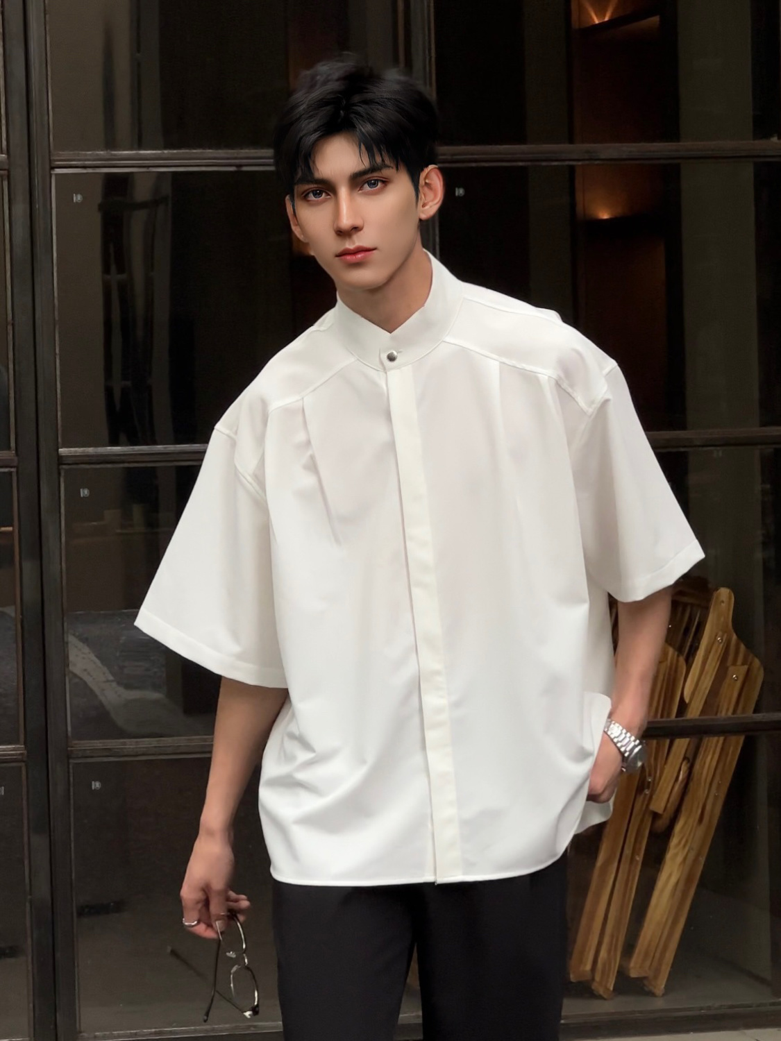 Pure black new Chinese style shirt Chinese style men's high-end stand-up collar design handsome short-sleeved shirt jacket summer