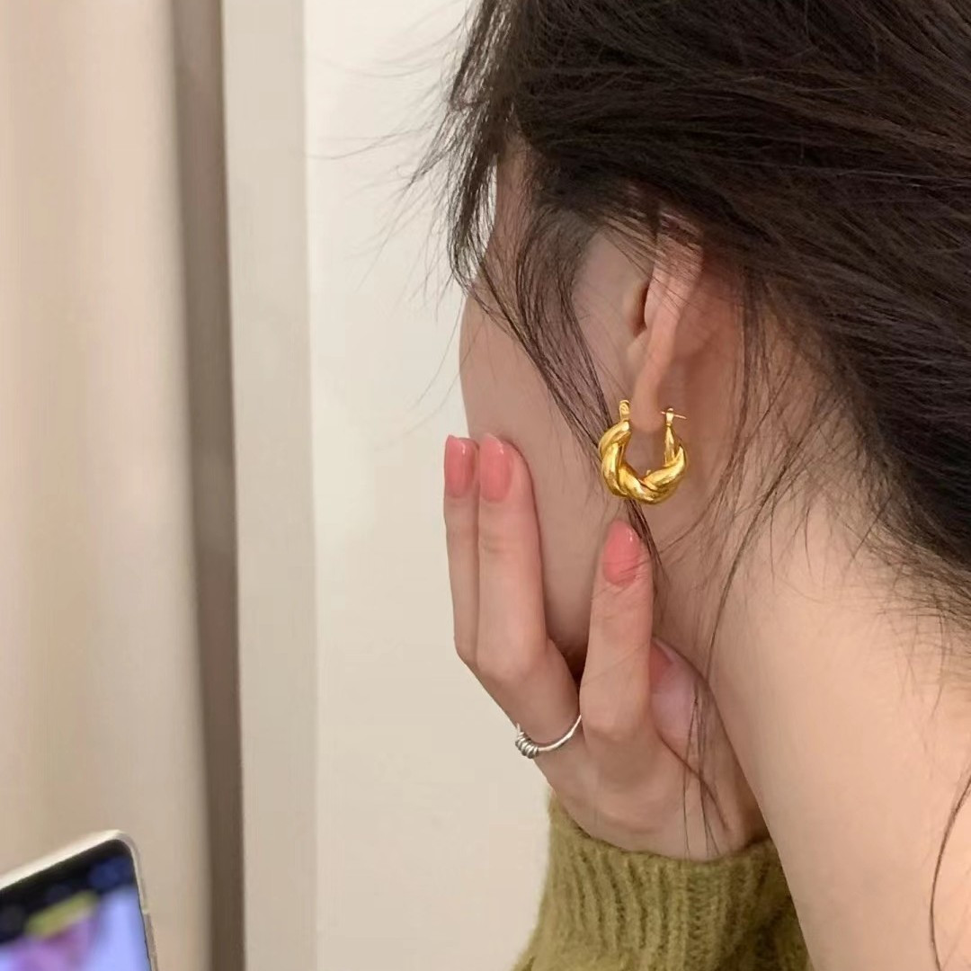 韓版簡約小眾設計感麻花金色牛角包耳環女時尚個性獨特百搭耳飾