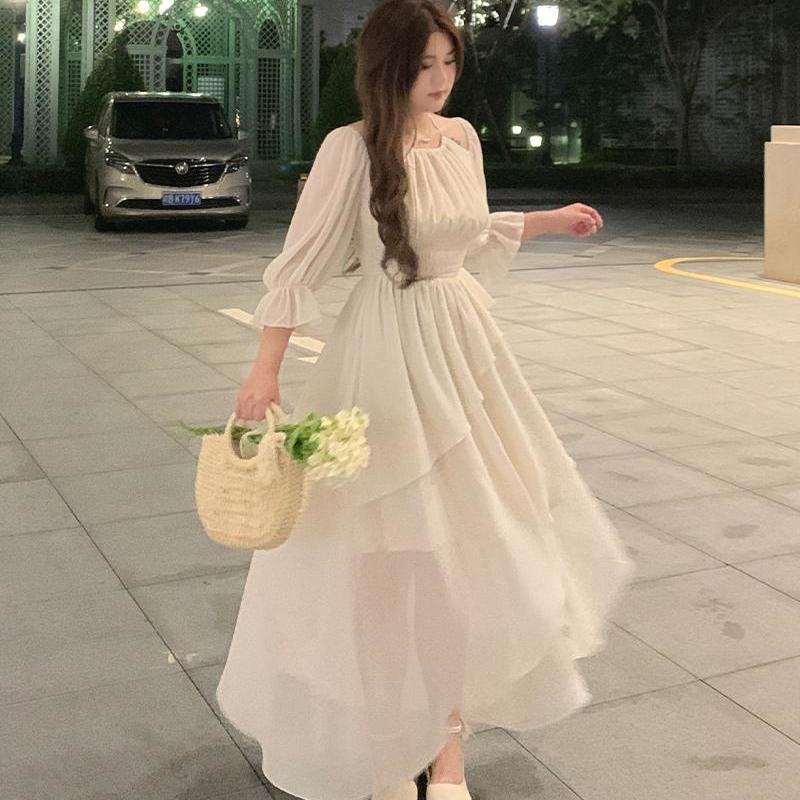 "Ice Mist Jasmine" Romantic Halter Neck Dress 2023 Summer New Slightly Fat Long Dress