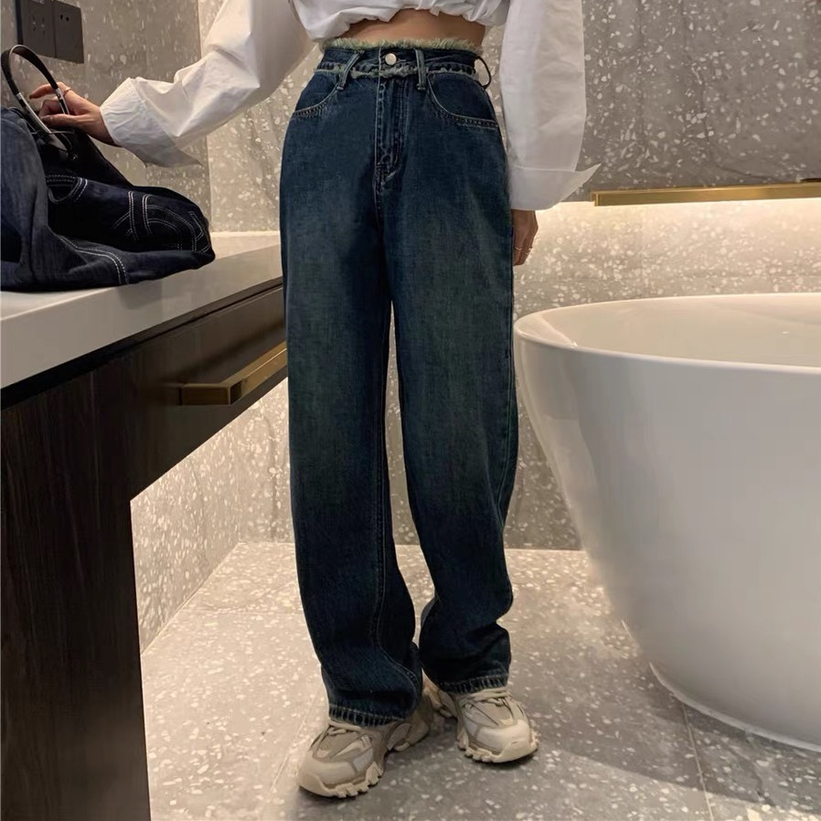 高腰闊腿牛仔褲女春秋季2023新款韓版復古直筒寬鬆顯瘦拖地褲子女
