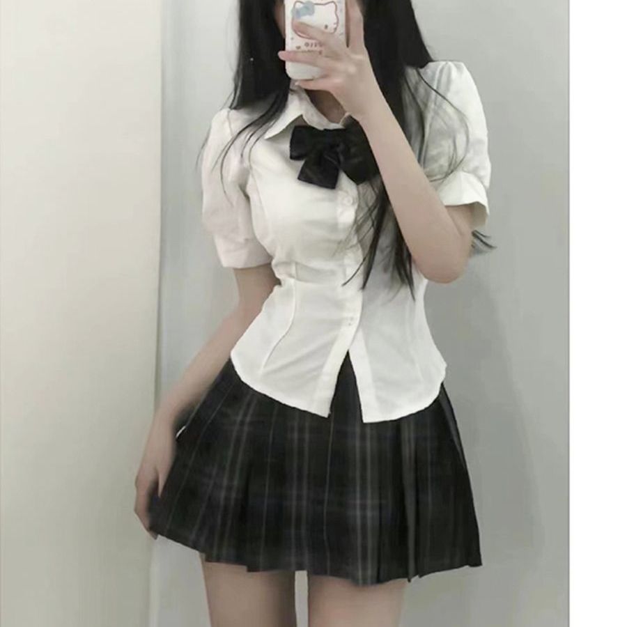 日系jk制服收腰襯衫上衣女短袖原創學院風泡泡袖白色襯衣jk套裝