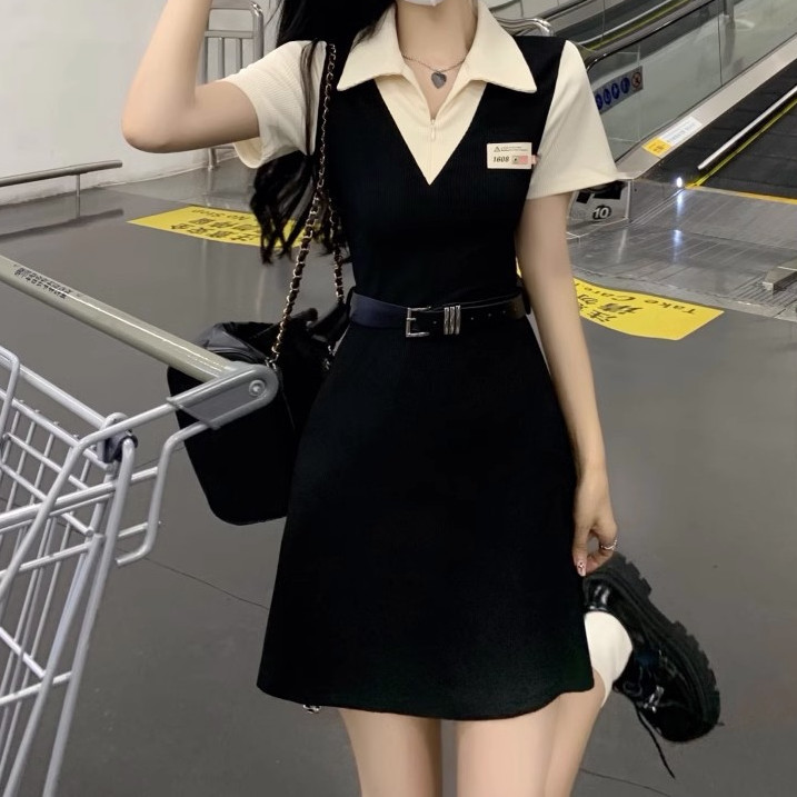 校園風polo領拼接假兩件連衣裙女裝夏季新款氣質短袖收腰顯瘦裙子