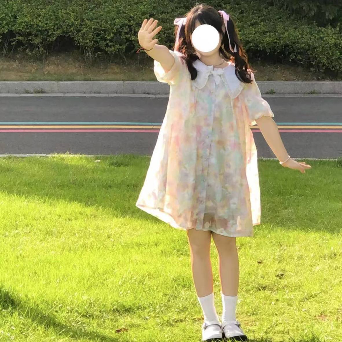 日系軟妹可愛小個子印花彩色娃娃領連衣裙女學生夏日最新款初戀裙