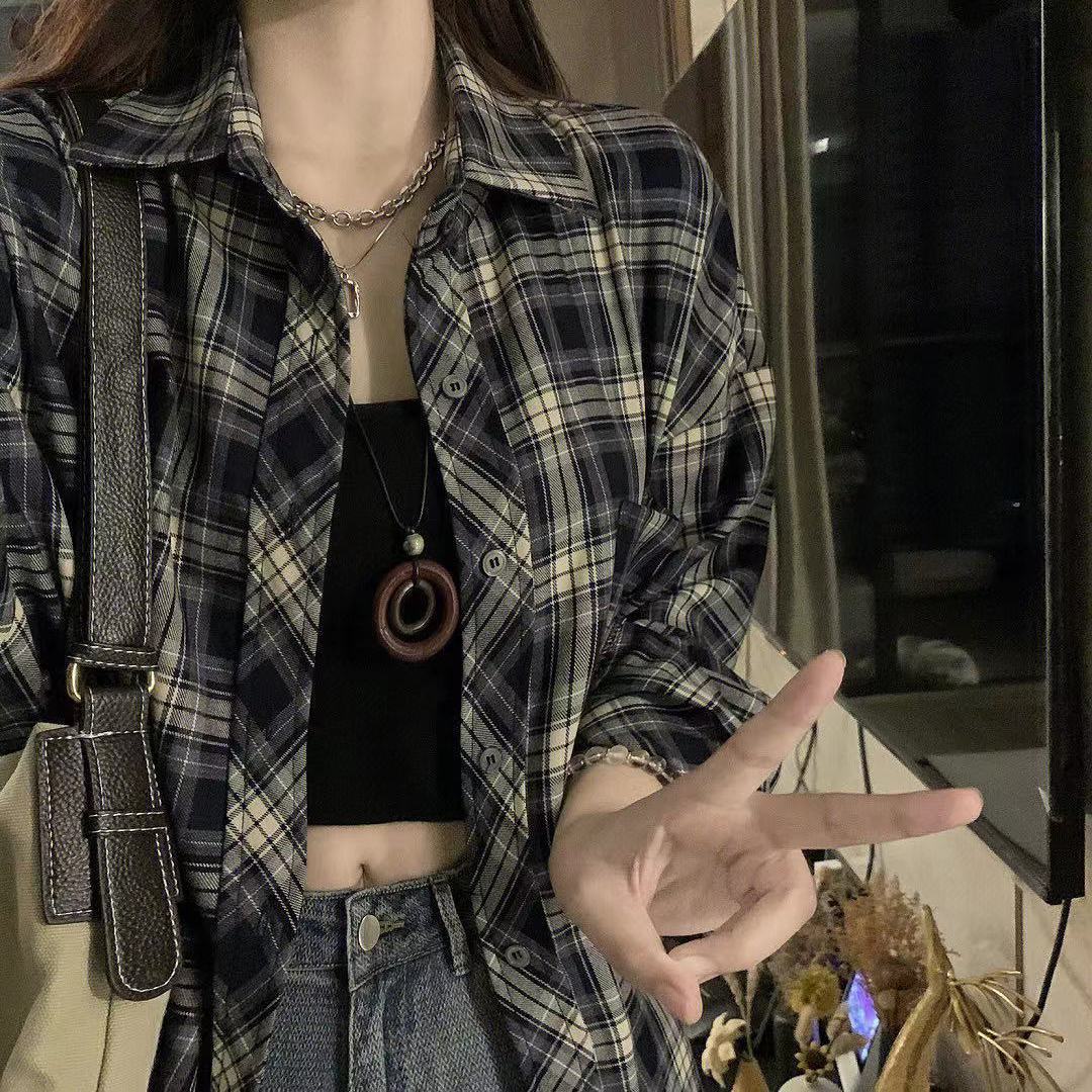 港風復古格子襯衫女寬鬆百搭薄款長袖襯衣外套設計感小眾早秋上衣