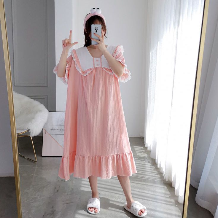 Summer princess style lengthened nightdress summer lace short-sleeved plus fat XL fat MM300 catties casual home service