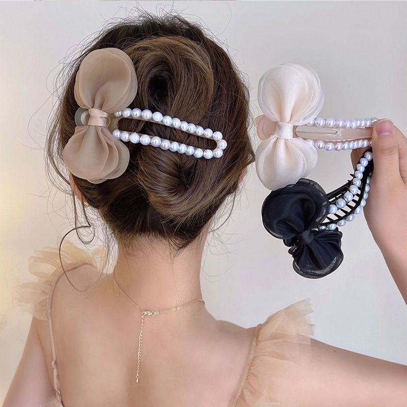 Summer Super Fairy Pearl Hairpin Women's Back of Head High-end Bow Headwear 2022 New High-End Hair Clip