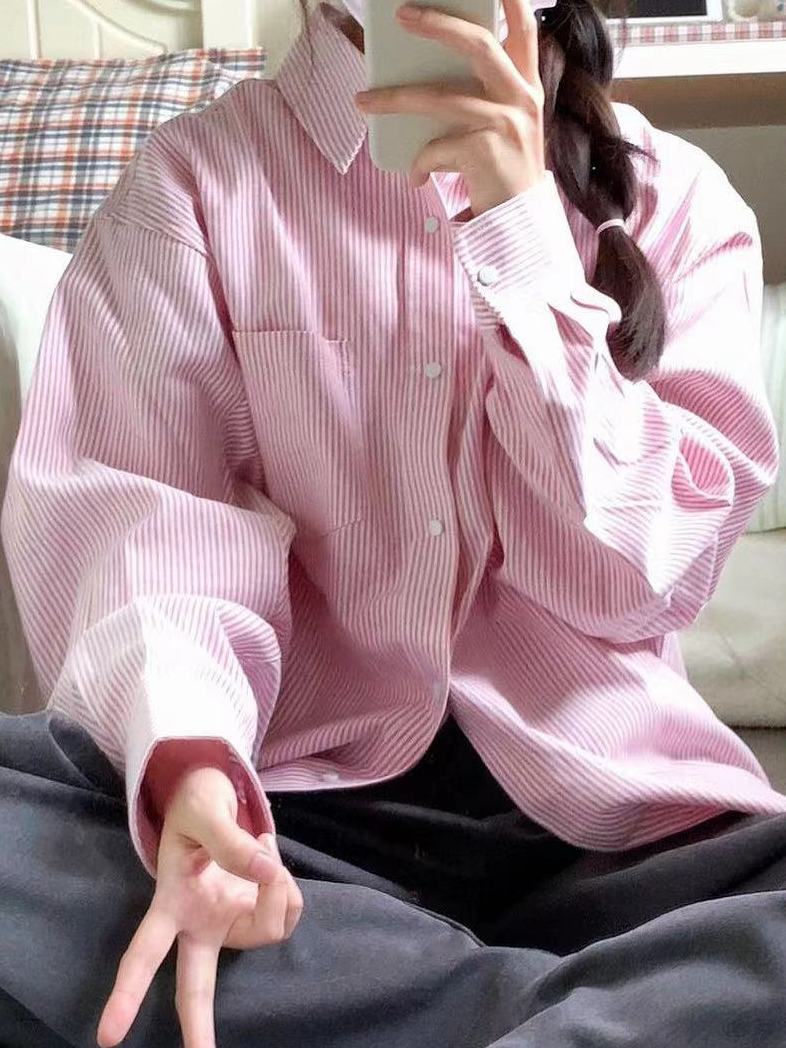2023新款多巴胺穿搭粉色條紋襯衫外套女寬鬆百搭顯瘦襯衣外穿ins
