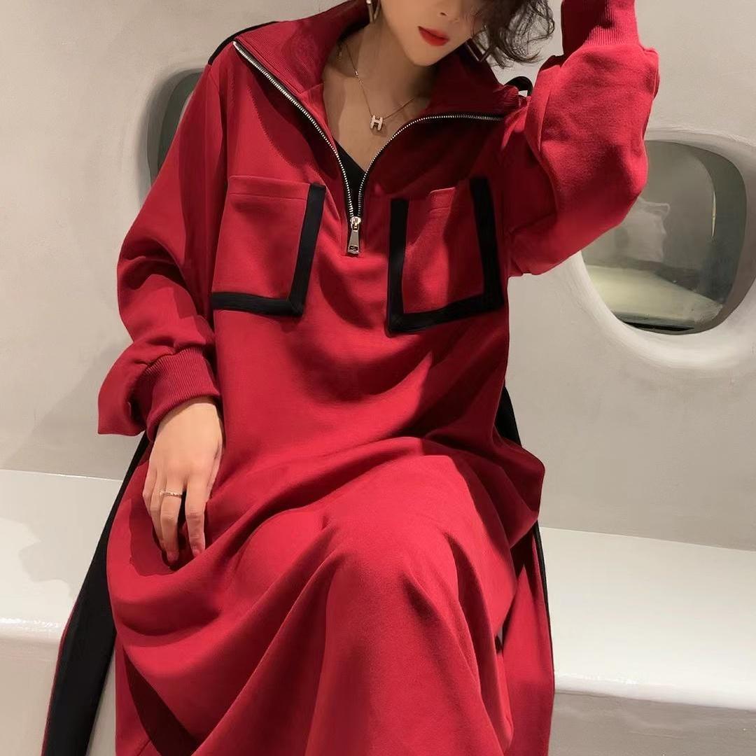 2023 new loose spring and autumn fashion Korean version slim mid-length casual dress age-reducing all-match belly-covering skirt