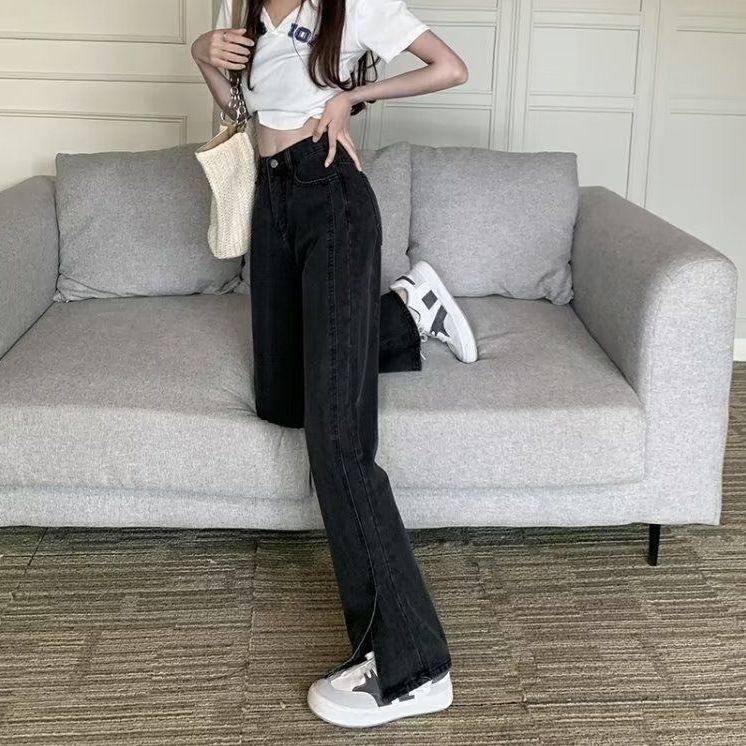 加絨黑灰色開叉牛仔褲女夏設計感小眾高腰直筒褲小個子褲子高街潮