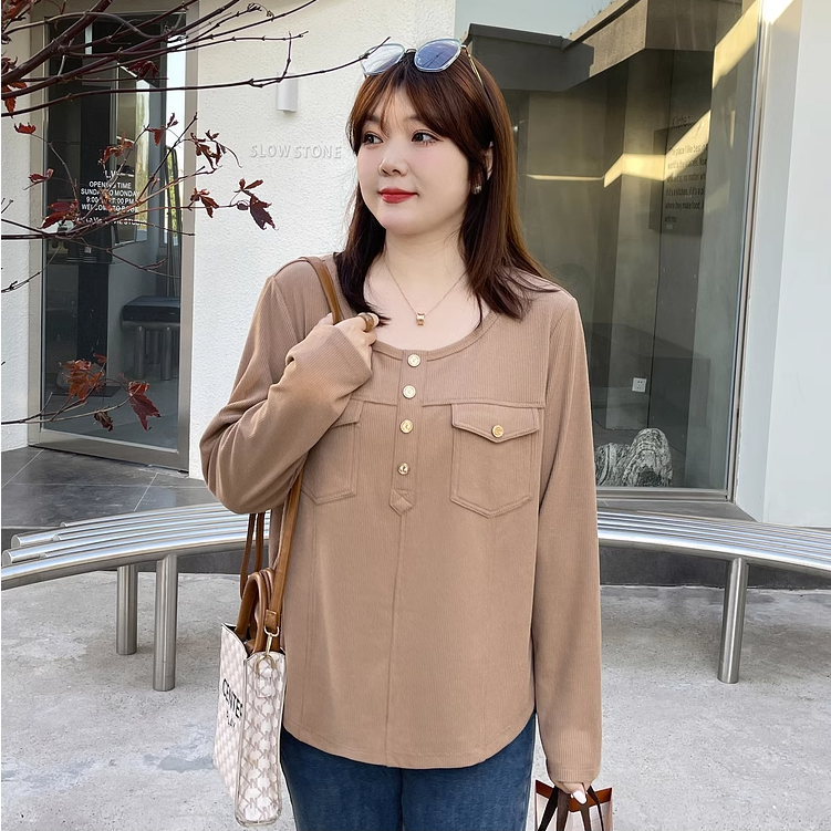 Fat mm large size women's clothing foreign style meat cover jacket early autumn new commuter round neck slim inner long-sleeved t-shirt female