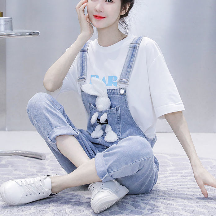 牛仔背帶褲少女春夏裝2023新款初中高中學生時尚減齡T恤兩件套裝