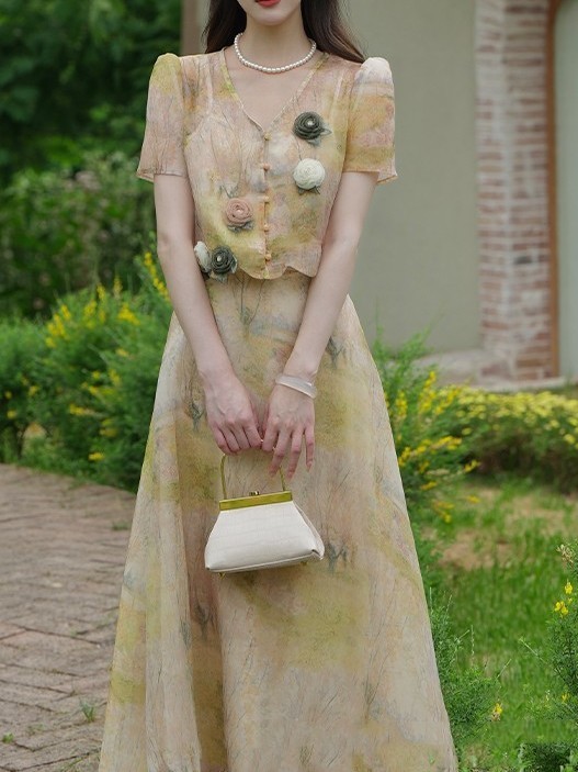 New Chinese style Chinese style retro oil painting blooming organza shirt + skirt suit female 2023 summer new style
