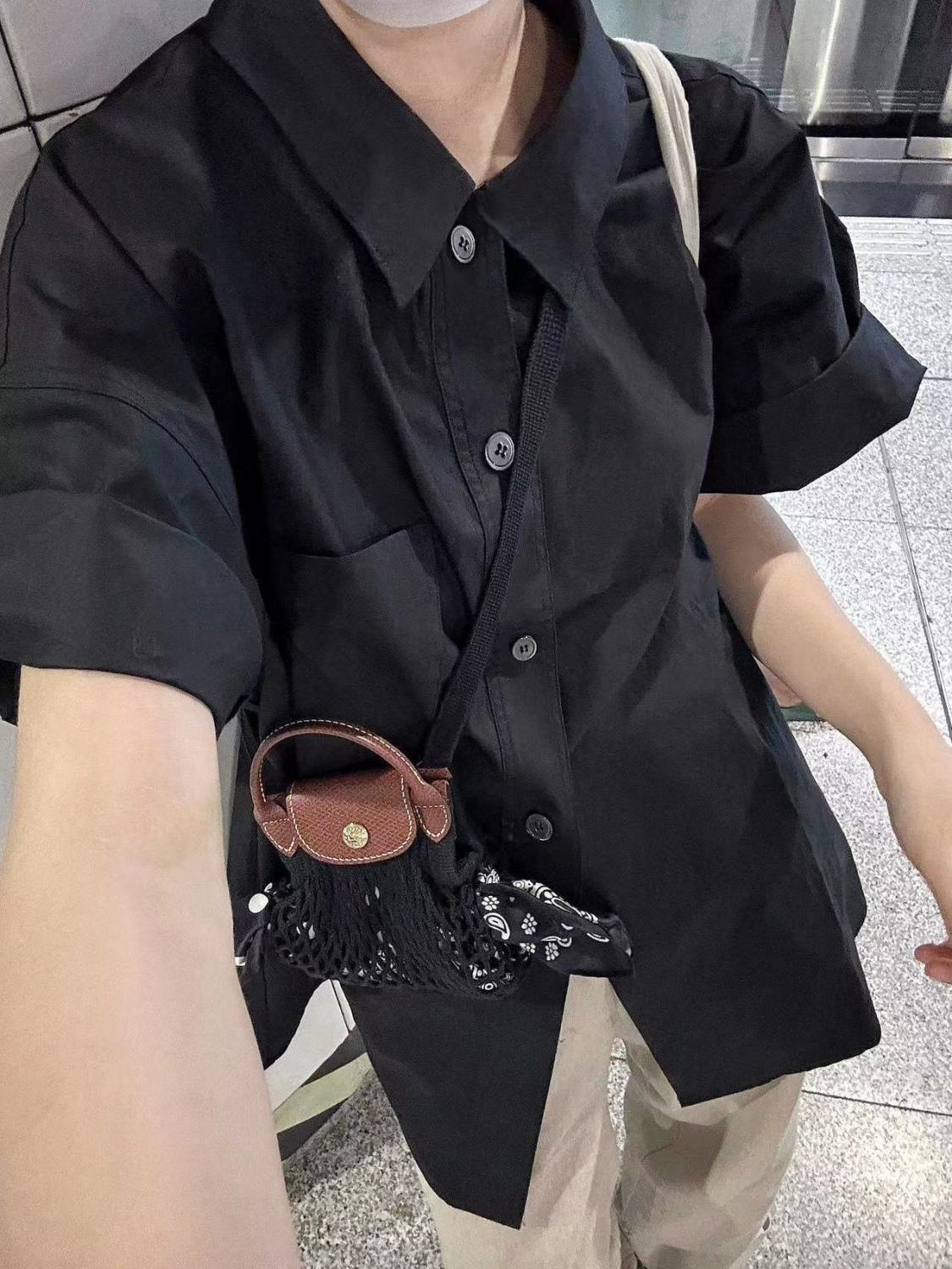 2023夏季新款黑色純棉襯衫短袖女個性街頭寬鬆百搭顯瘦襯衣外穿潮
