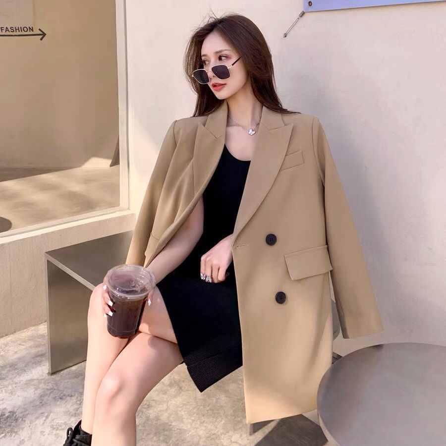 White suit jacket for women  spring and autumn new Korean style loose casual temperament double-breasted suit top for women