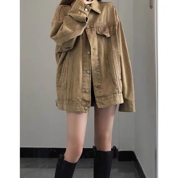 American retro brown denim jacket women's spring, autumn and winter all-match tooling cool Sa jacket top ins tide