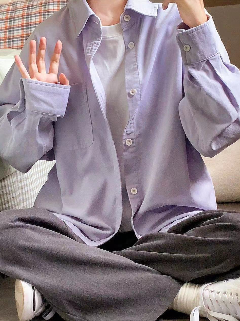 2023新款森系清冷紫色純棉襯衫外套女寬鬆百搭顯瘦襯衣外穿ins潮