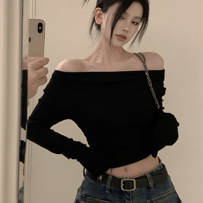 Pure cotton Korean style one-shoulder solid color high-end long-sleeved bottoming shirt top autumn and winter new slimming and flesh-covering inner wear for women
