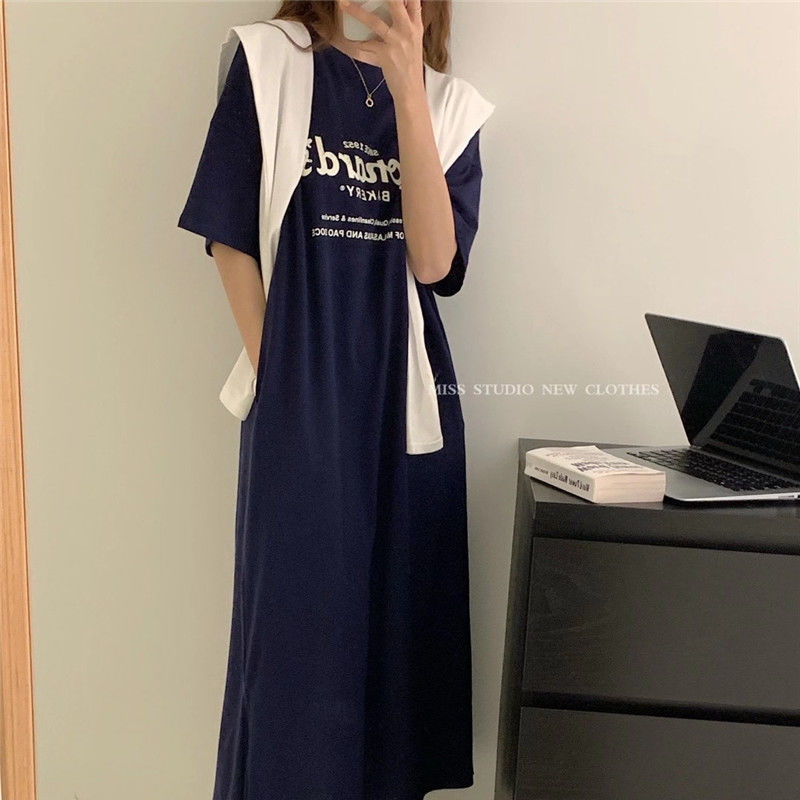 短袖t恤女2021夏季新款韓版潮開叉寬鬆顯瘦連衣裙+時尚披肩兩件套