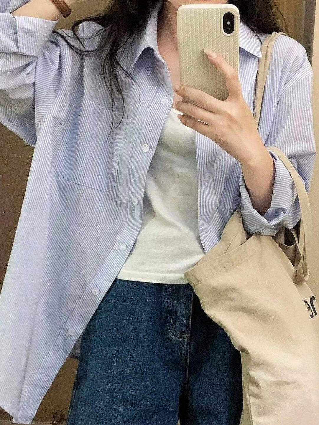 2023夏季薄款淡藍色條紋襯衫外穿女寬鬆顯瘦襯衣防曬衫百搭上衣潮