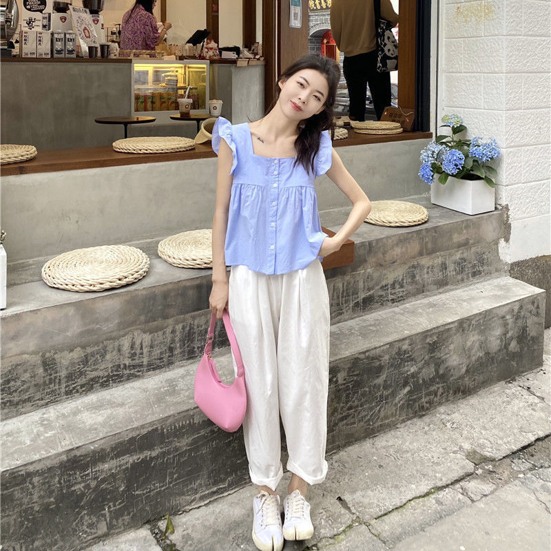 夏季新款韓系ins小個子休閒穿搭減齡遮肚娃娃衫休閒褲兩件套裝女