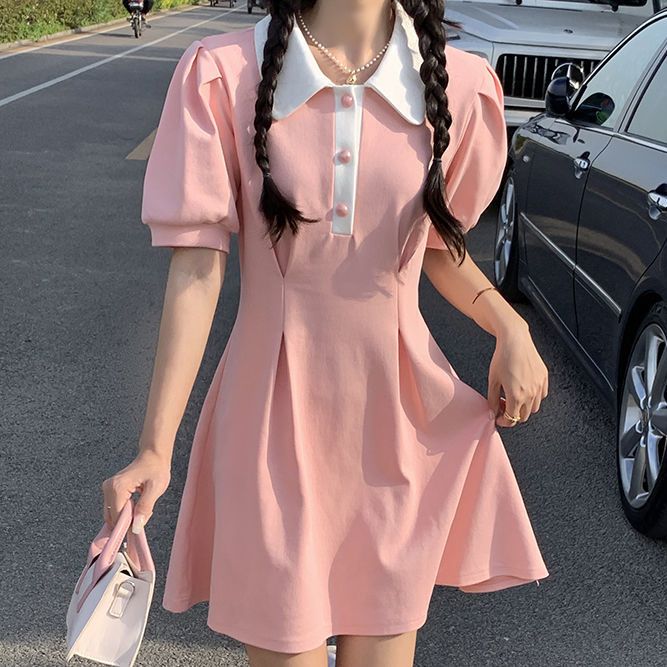 Super hot cec short-sleeved T-shirt dress women's summer new puff sleeve waist slim student short skirt ins tide
