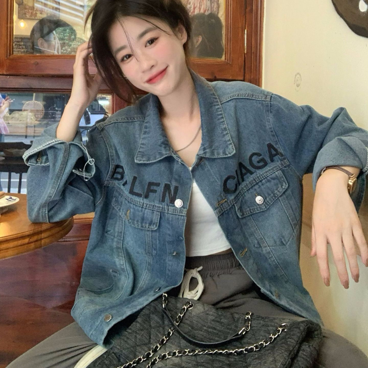 復古刺繡牛仔外套女2023春秋新款小個子寬鬆百搭港味情侶夾克上衣