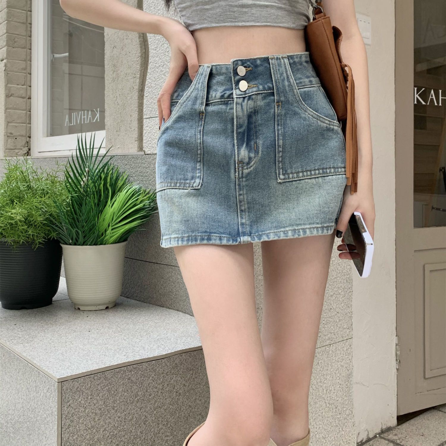 Retro hottie A-line denim skirt for women summer new high-waist slim hip skirt miniskirt skirt culottes