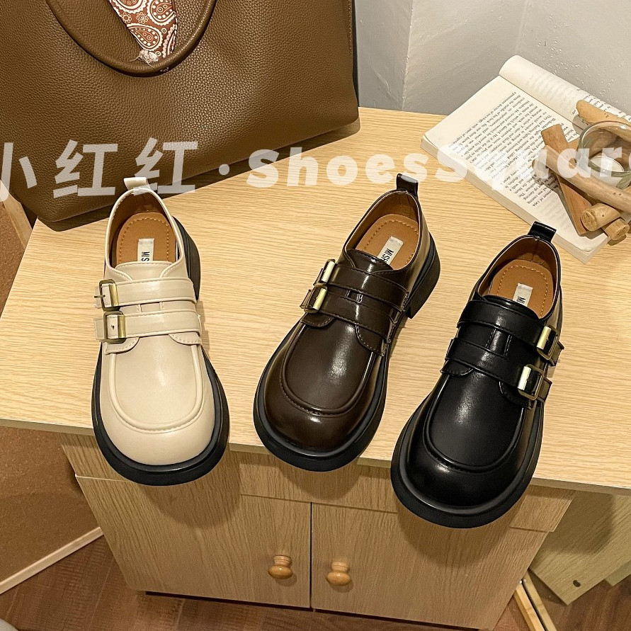 樂福鞋女2023年新款春秋季厚底英倫風小皮鞋一腳蹬復古粗跟JK單鞋