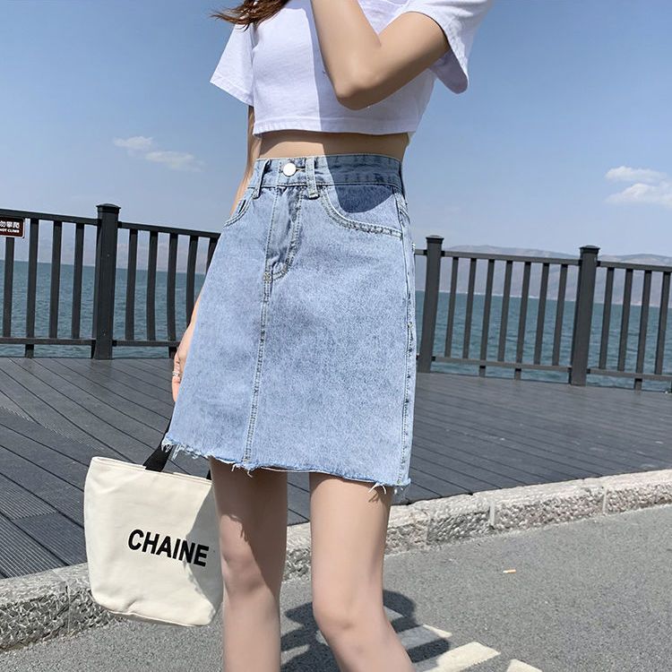 2021 summer light-colored retro slim a-line skirt high waist student short skirt skirt all-match raw edge denim skirt female