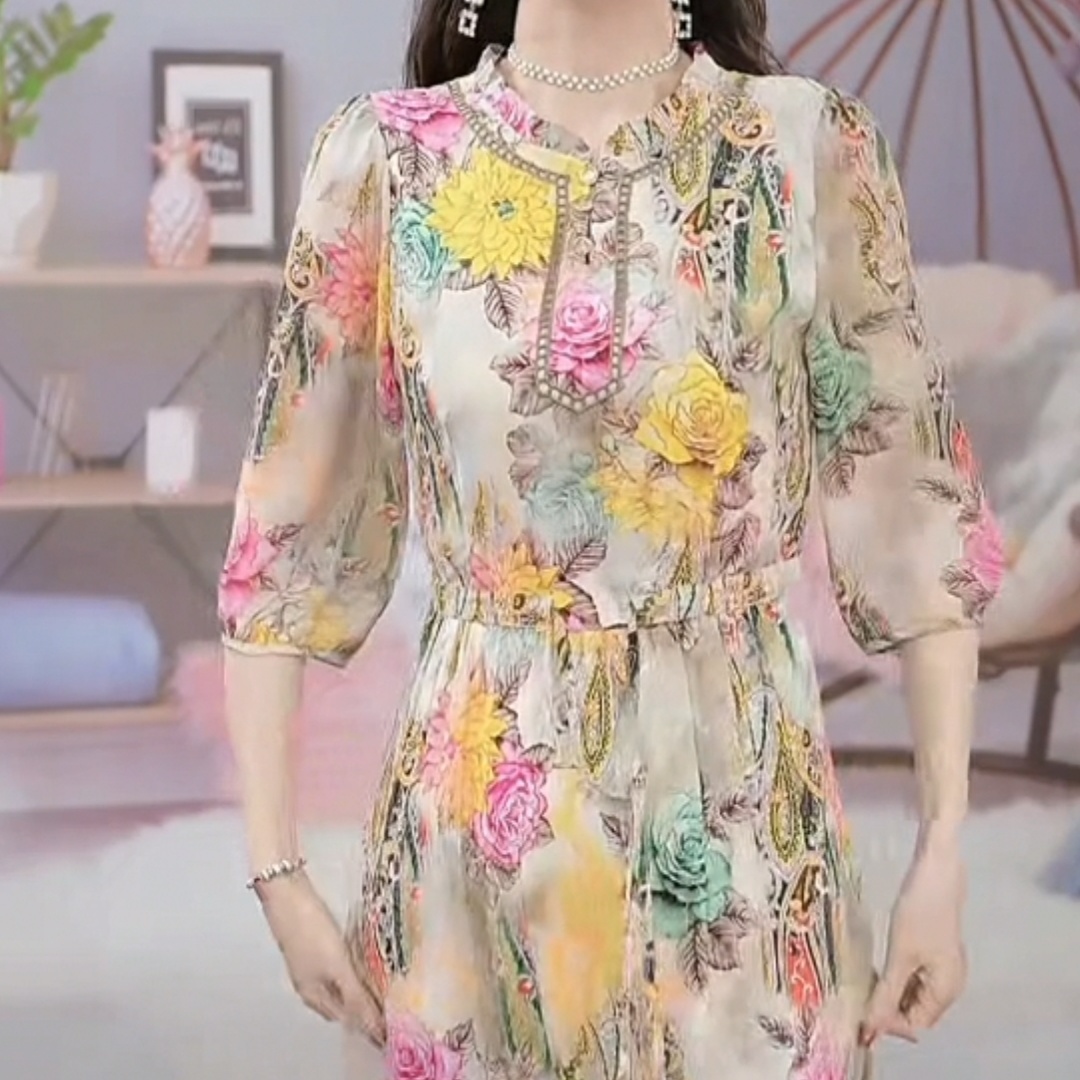 柔賽爾天絲連衣裙2023新款女裝木耳花邊領時尚抽繩貴夫人印花裙子