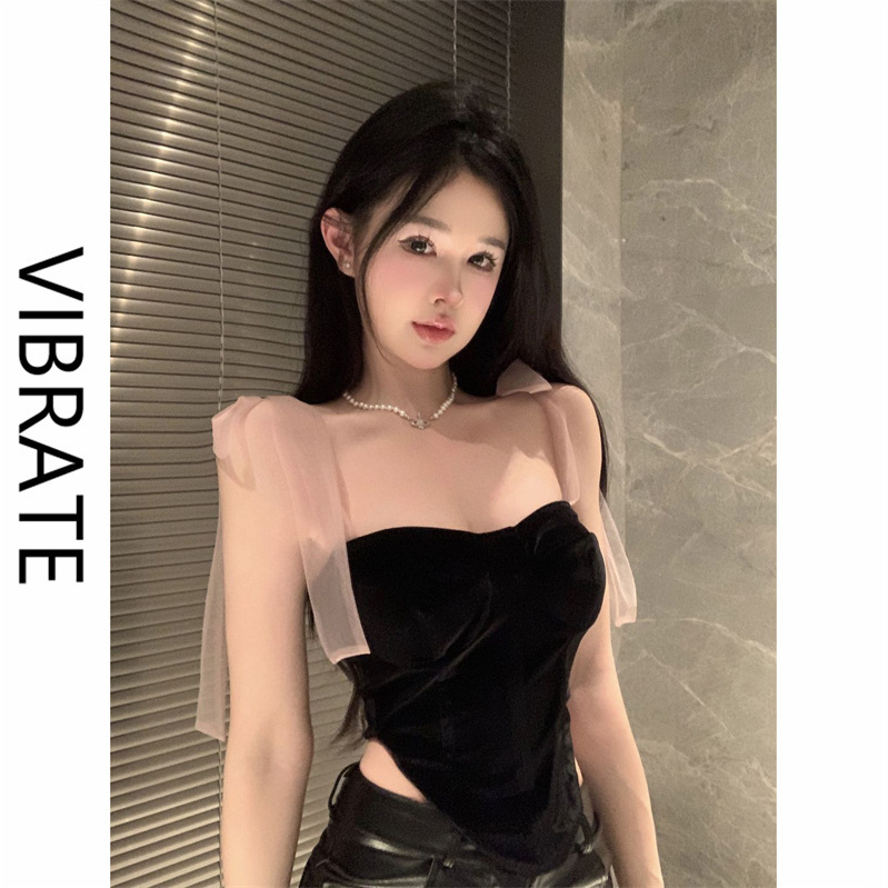 VIBRATE氣質修身不規則吊帶外穿新款撞色綁帶短款甜美抹胸式上衣