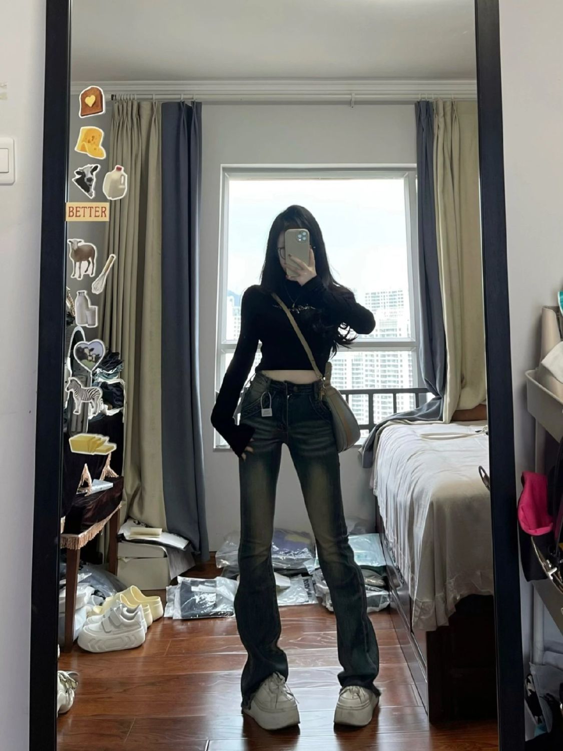 辣妹水洗復古藍微喇叭牛仔褲女秋冬新款高腰拖地毛邊馬蹄喇叭褲