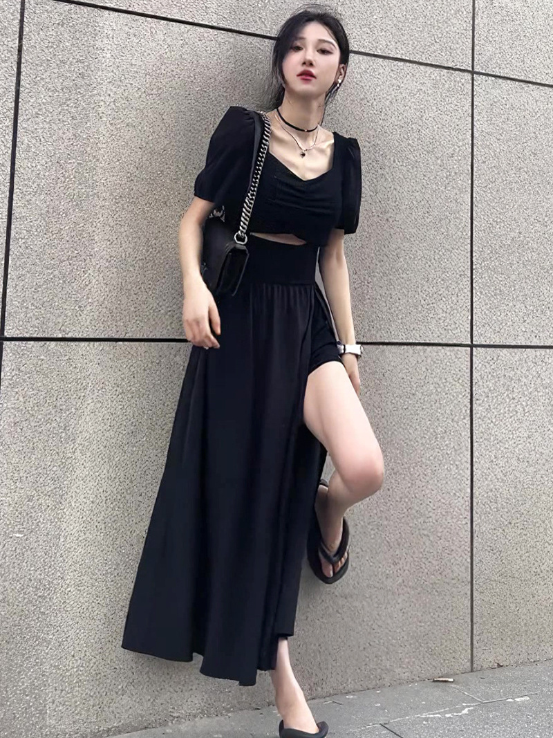 Xiaozi French black square collar short-sleeved slit dress women's new French style niche design sense long skirt tide