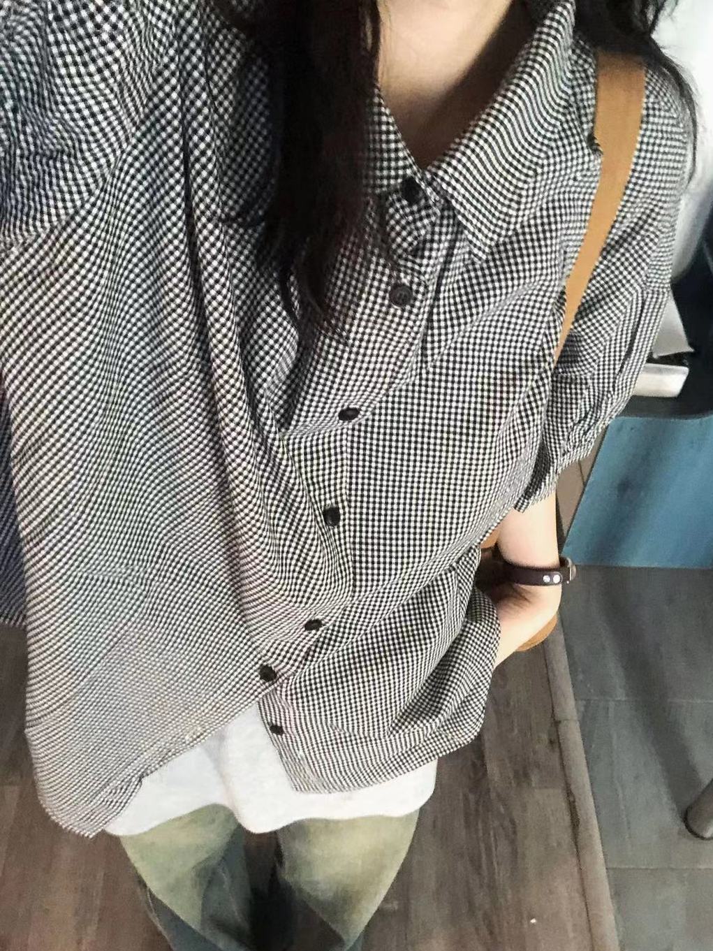 夏季新款黑白格子襯衫短袖女文藝復古情侶款襯衣外穿寬鬆顯瘦上衣