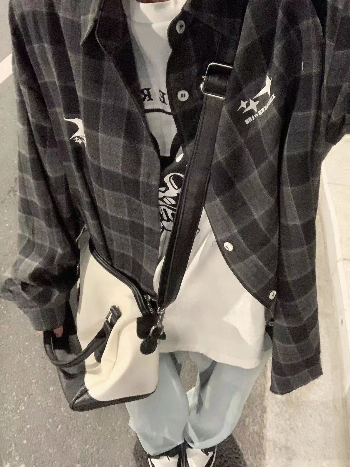 2023新款復古港味chic灰色格子襯衫外套女寬鬆休閒顯瘦情侶款襯衣