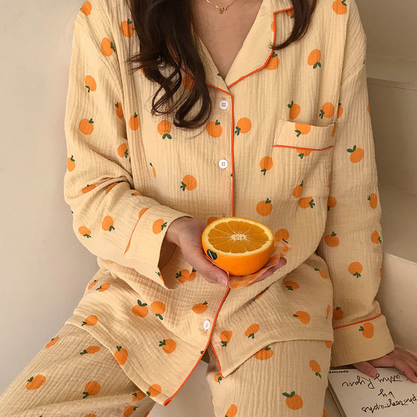 Bubble gauze pajamas women's spring and autumn long-sleeved trousers cartoon orange ins style net red cardigan home service suit