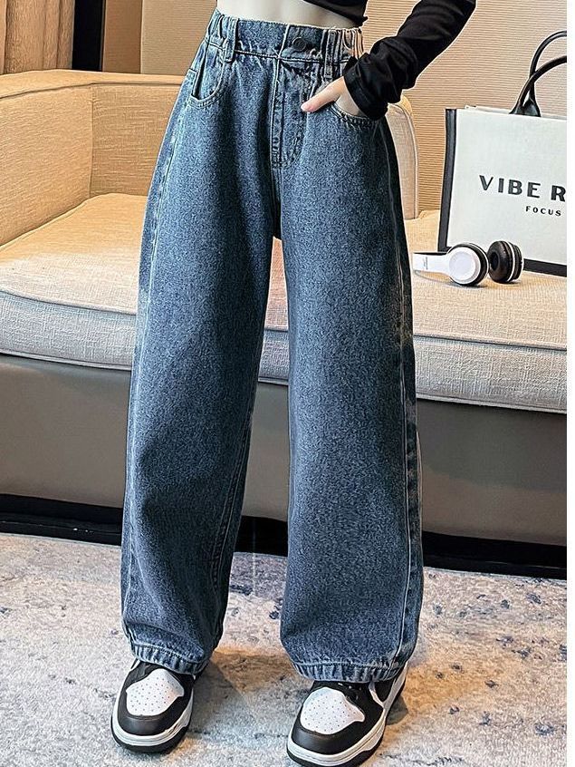 Girls' jeans autumn wide-leg pants loose all-match trousers middle-aged and older children's fashionable casual straight-leg pants Korean pants