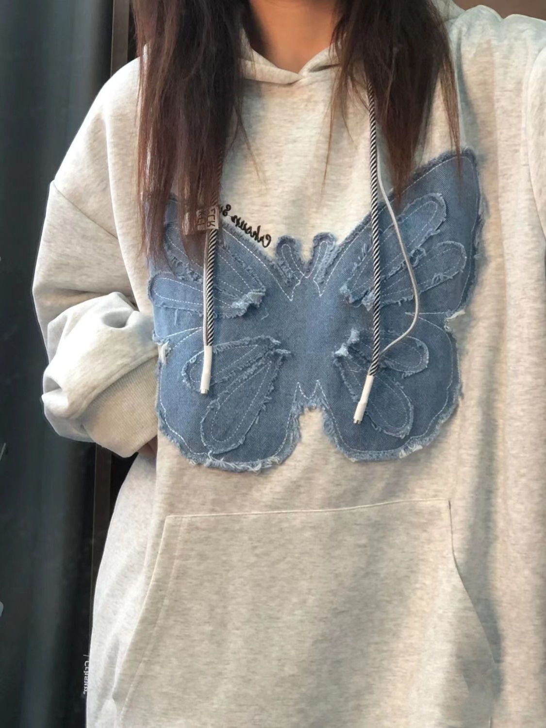 美式復古蝴蝶貼布連帽衛衣女潮ins寬鬆chic港風加絨oversize外套