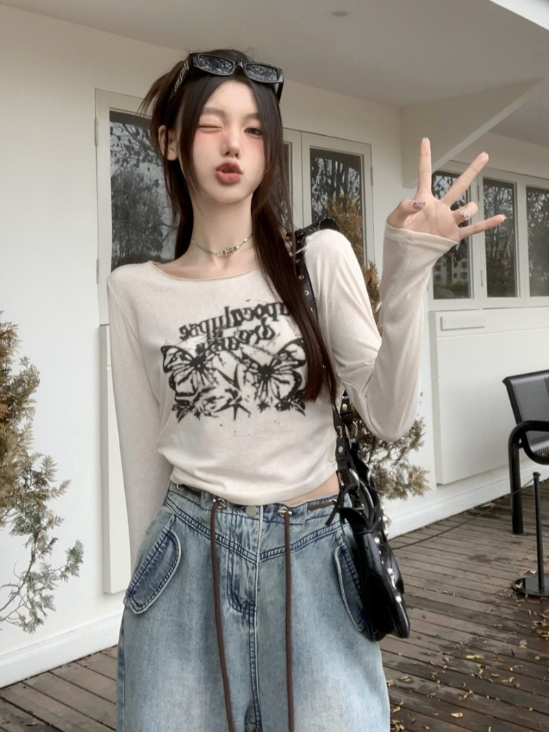 美式復古蝴蝶印花長袖T恤女秋季抽繩寬鬆打底衫薄款辣妹短款上衣