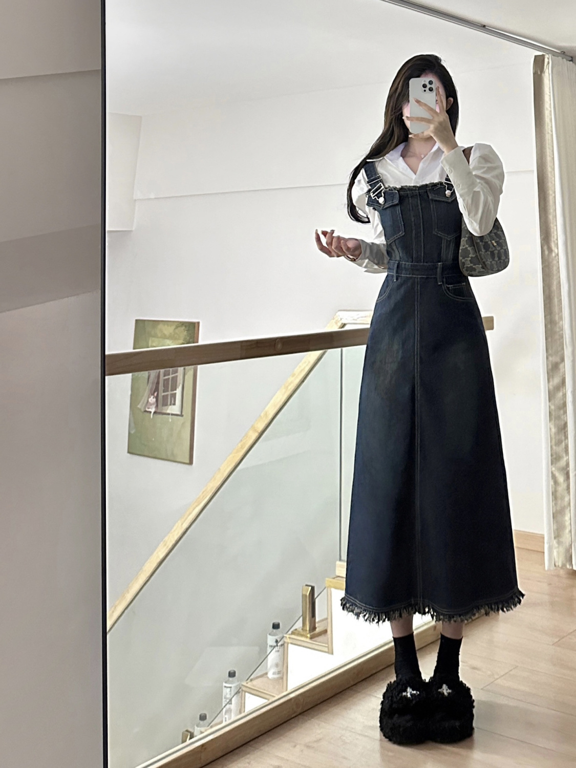 Korean retro denim suspender skirt for female students, sweet and high-end mid-length dress + shirt one-piece suit