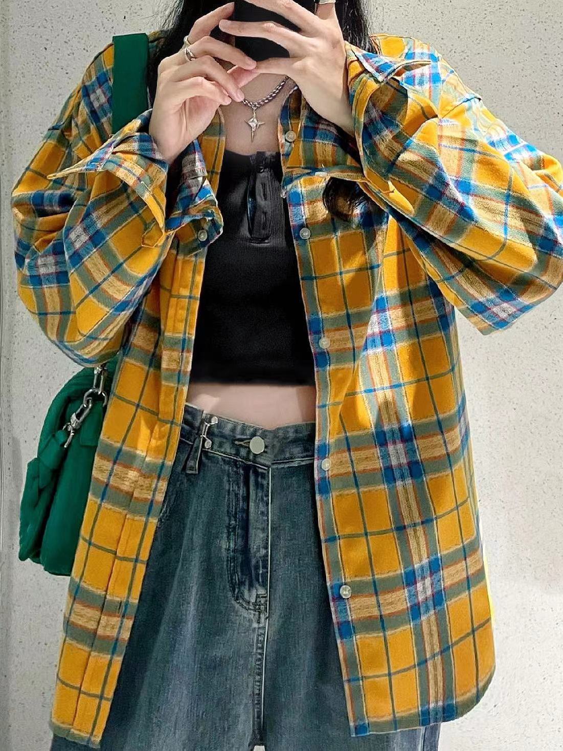 早秋2023新款藍黃格子襯衫防曬外搭女寬鬆休閒中長款情侶襯衣ins