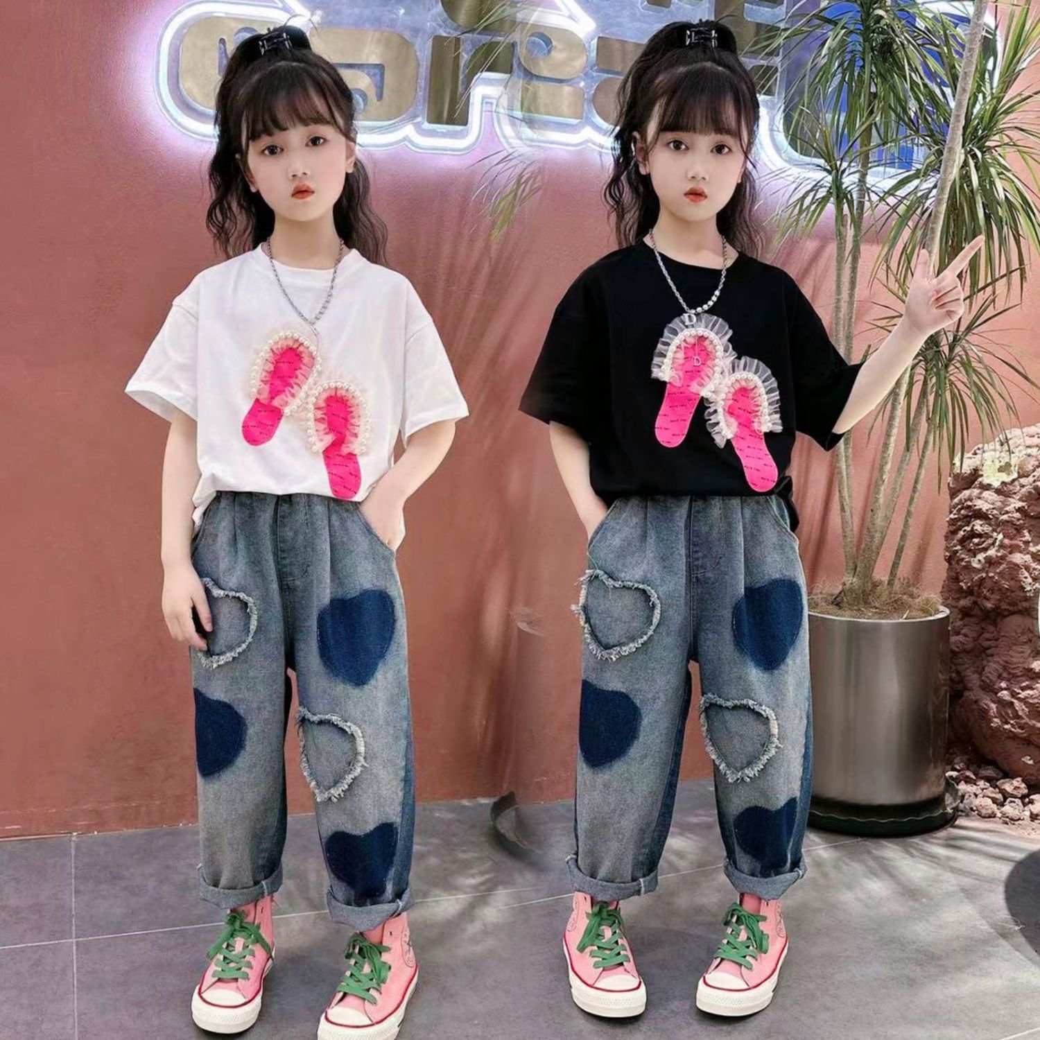 女童夏季休閒裝中大童寬鬆短袖牛仔褲套裝2023新款小女孩時髦春裝