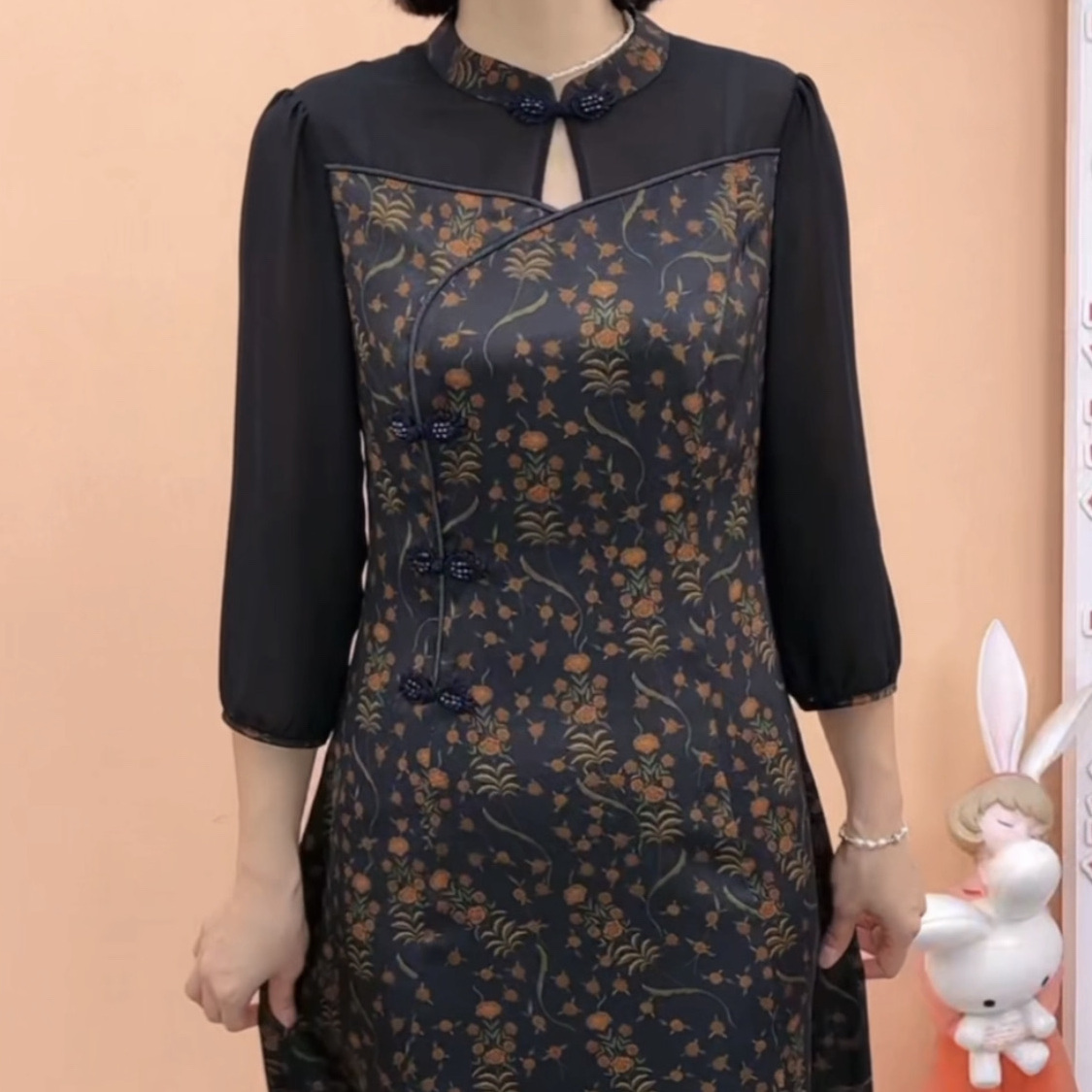高檔花瑤緞改良版旗袍連衣裙2023新款女裝秋季洋氣媽媽七分袖裙子