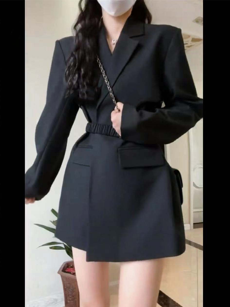 Right shoulder black suit jacket for women spring and autumn new Korean version casual slim waist temperament internet celebrity hot street suit trend