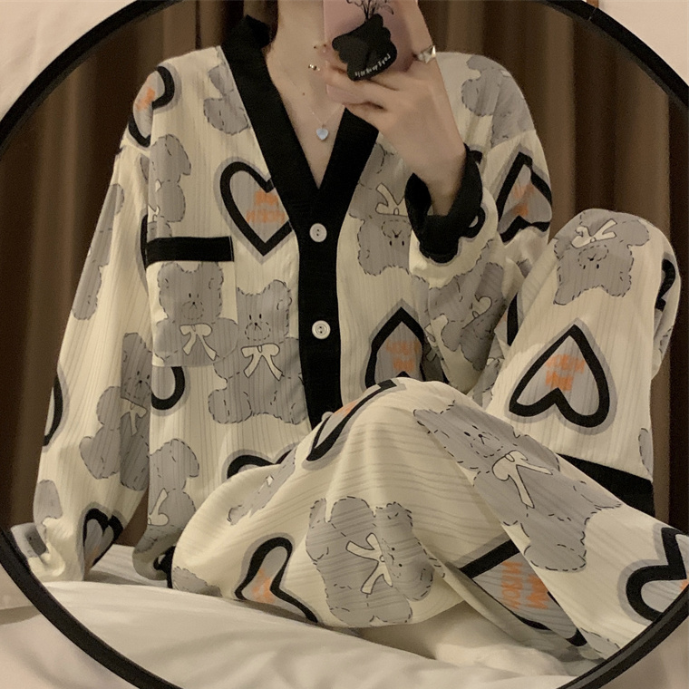 ins風新款睡衣女春秋季長袖薄款高顏值懶散寬鬆家居服套裝可外穿