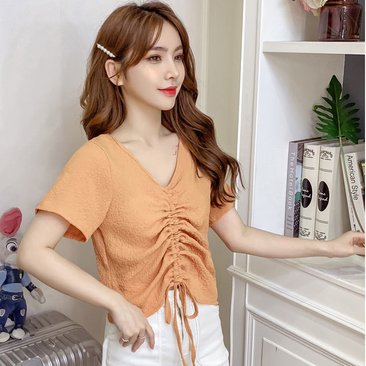 Chiffon top women's summer design niche French chic V-neck drawstring bubble wrinkle shirt sweet short-sleeved T-shirt trendy