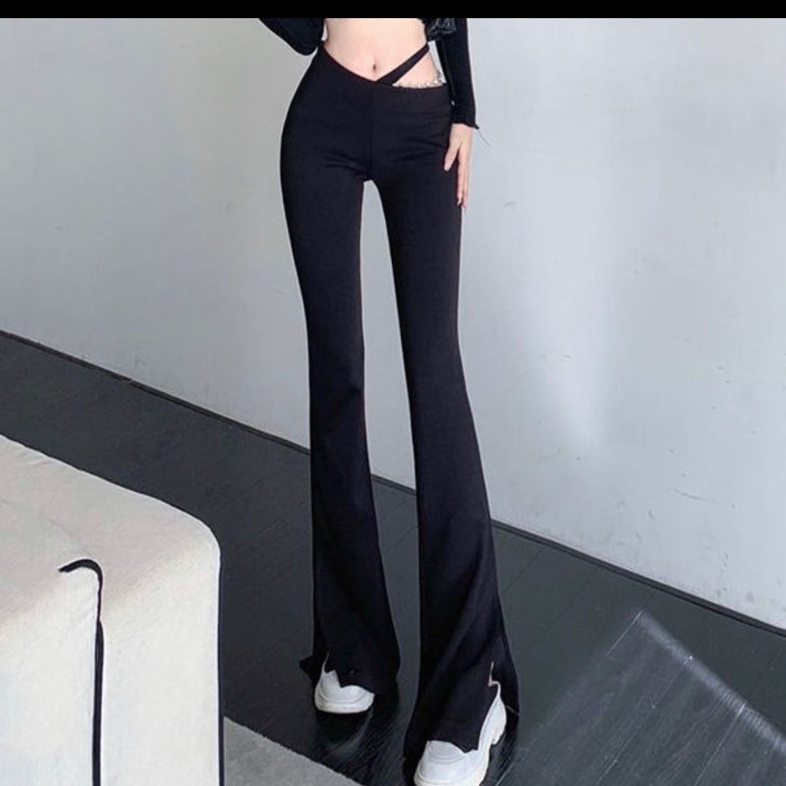  new design sense chain hollow black high waist casual mopping micro boot pants slit hot girl slim wide legs